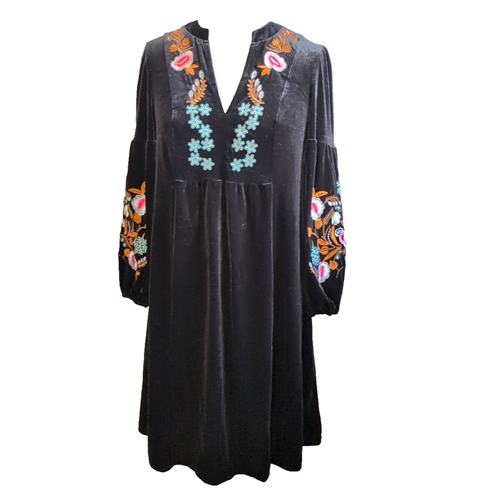 Black Velour Embroidered Dress Size OXL Boho Cottagecore Romantic Gothic Folk